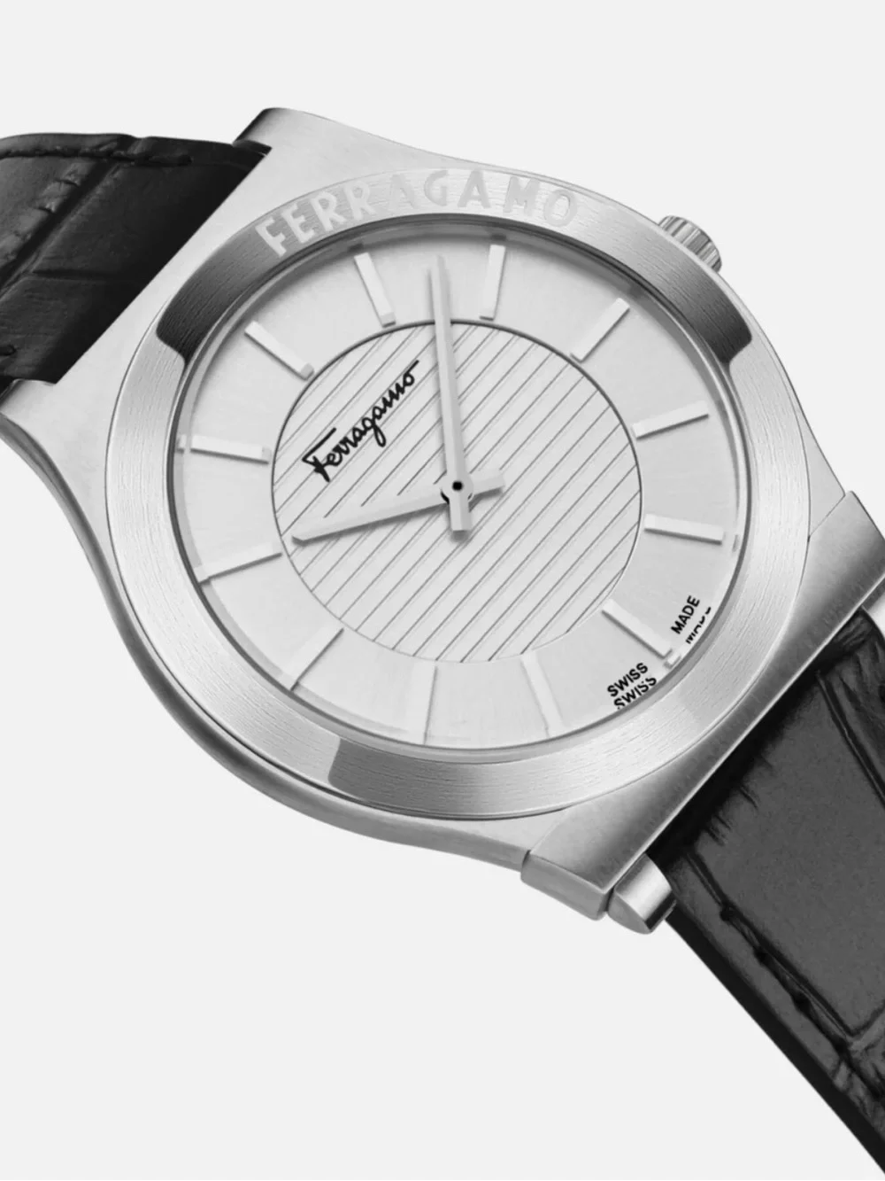 Salvatore Ferragamo Silver Case White Dial Black Leather Strap Watch